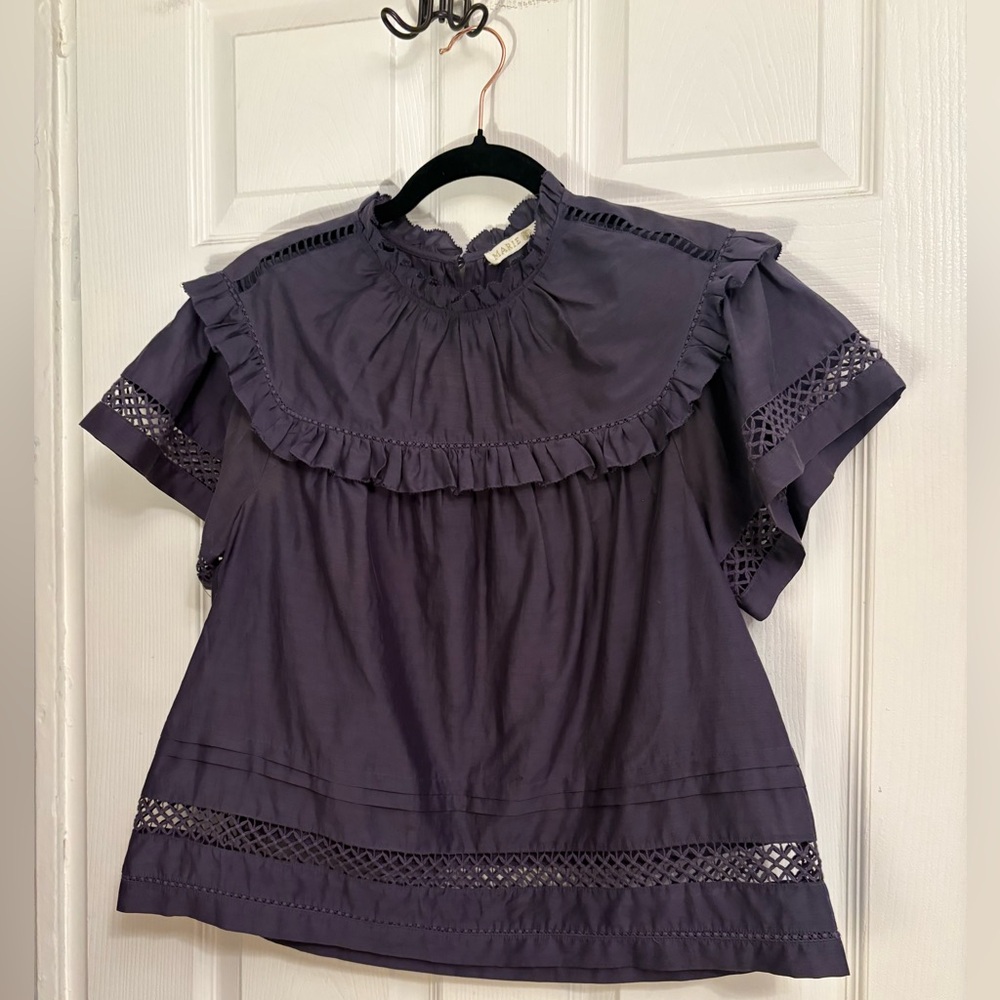 Marie Oliver Ruffle Lace Trim Cotton Silk Blouse XS Charcoal - Picture 2 of 6